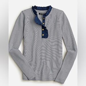 J.Crew Size S Ruffle-Collar Long-Sleeve Shirt in Navy White Striped Vintage Rib